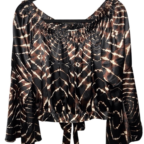 Y2K Boho Off Shoulder Stain Bell Sleeve Chocolate Brown Black Animal Print Large - Picture 3 of 11